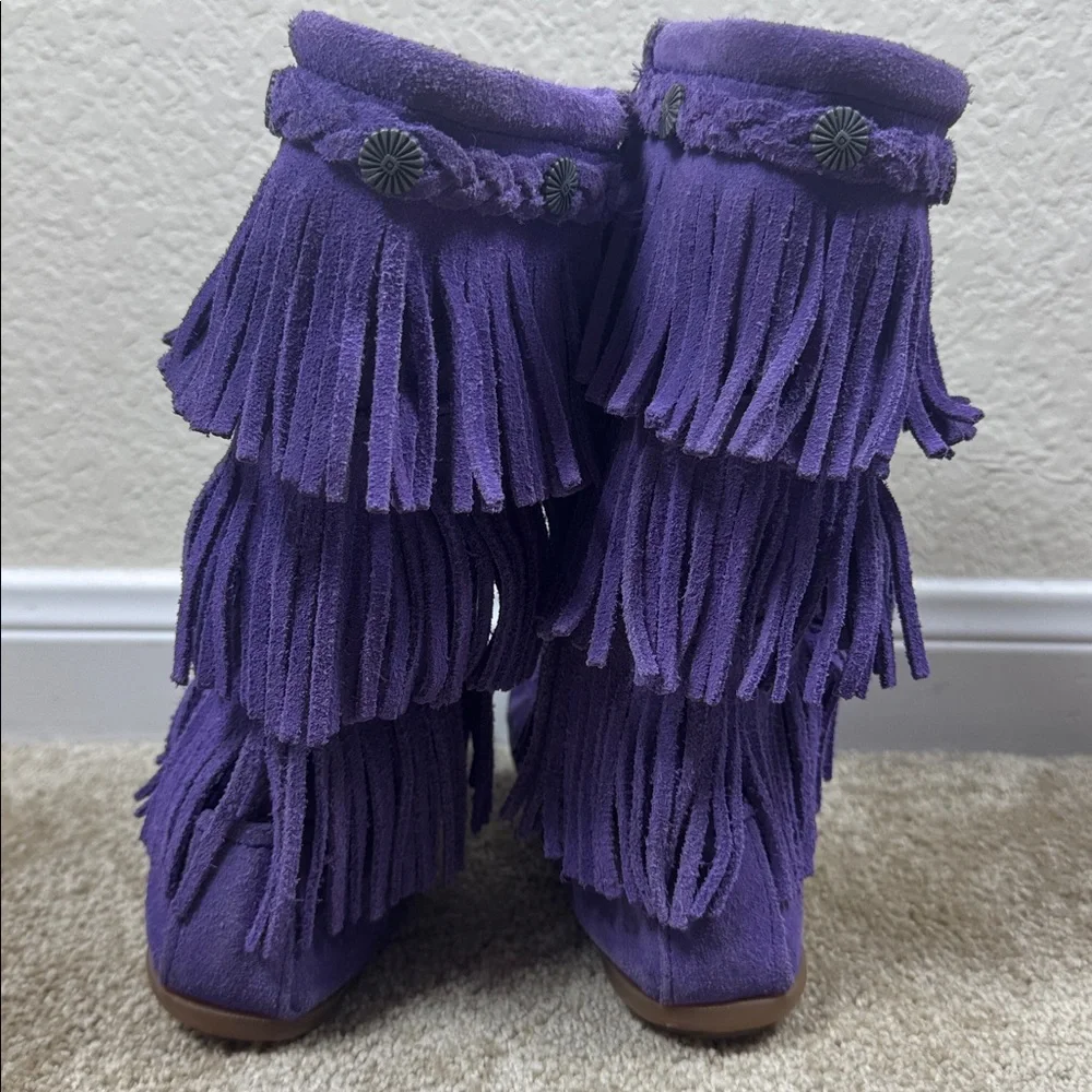 Minnetonka 3-Layer Fringe Purple Suede‎ Moccasin Boots 2654S Womens 13 Kids 13